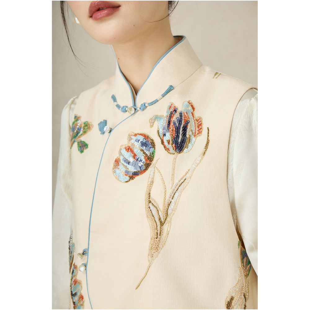 SHIBAI White Tulip New Chinese Pearl Embroidery Unique and Beautiful Temperament Chinese Style Sleeveless Vest Half Skirt Set image 4