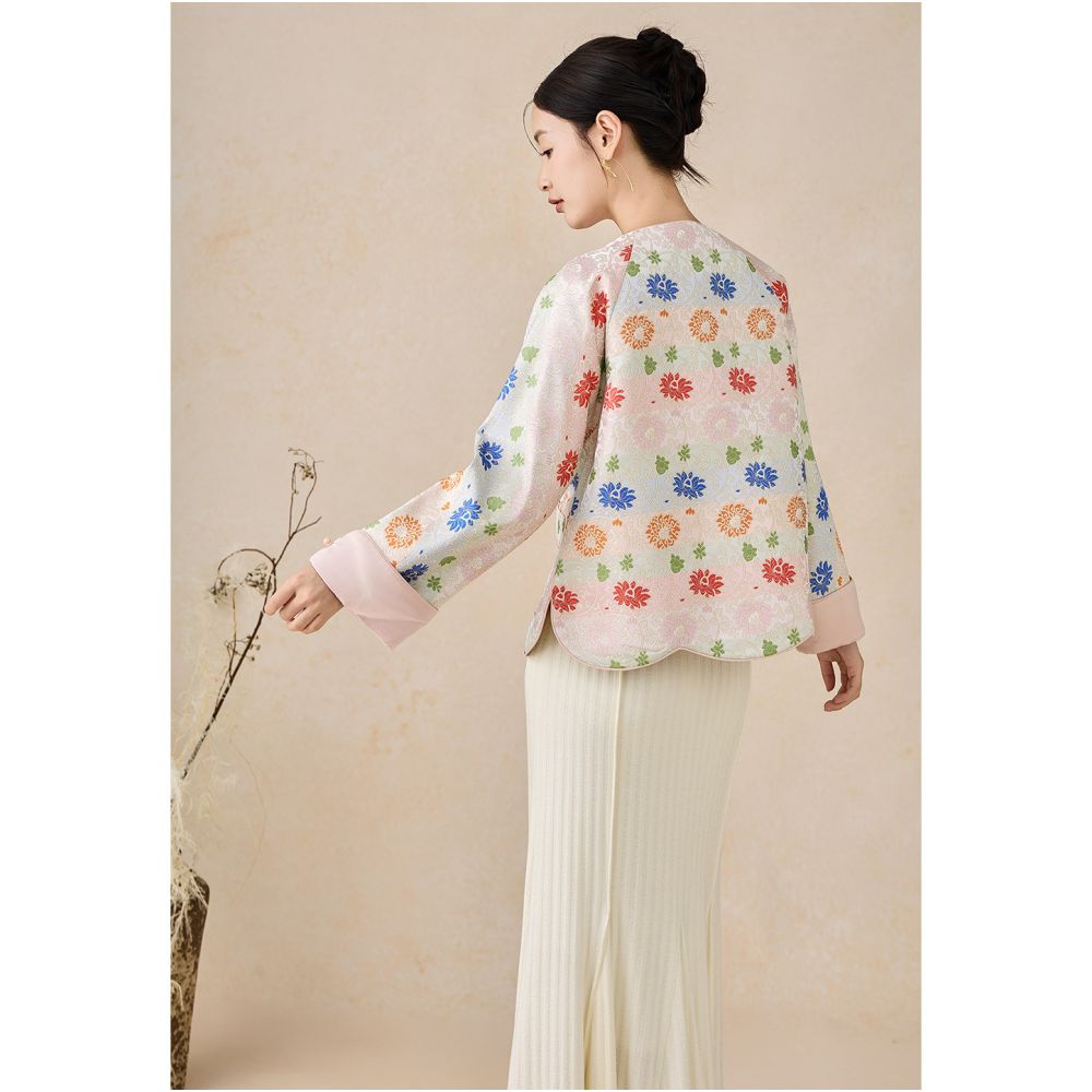 SHIBAI picked up white entwined lotus imitating Song Jinxin Chinese style buttoned jacquard jacket improved Tang style women s top image 5