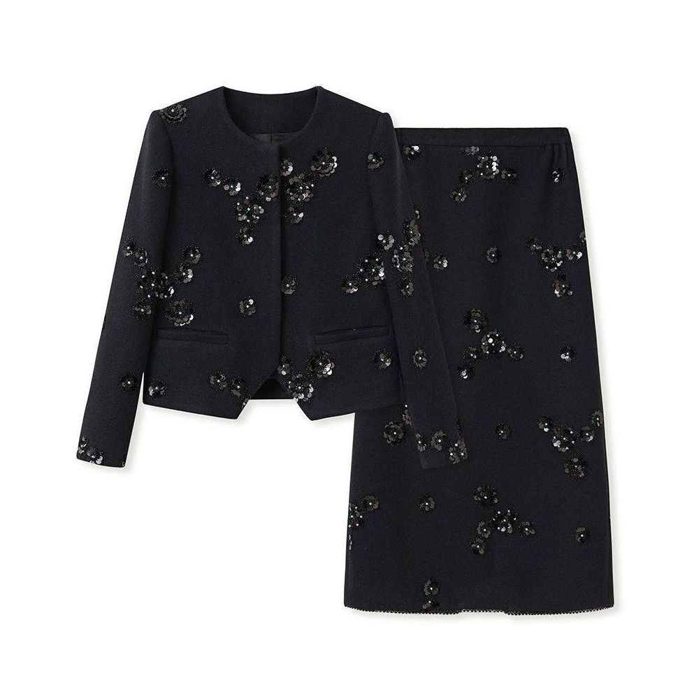 HSSNFZ High End Elegant Style 2025 Autumn New Arrival Beaded Sequined Short Jacket and Skirt Set for Women image 5