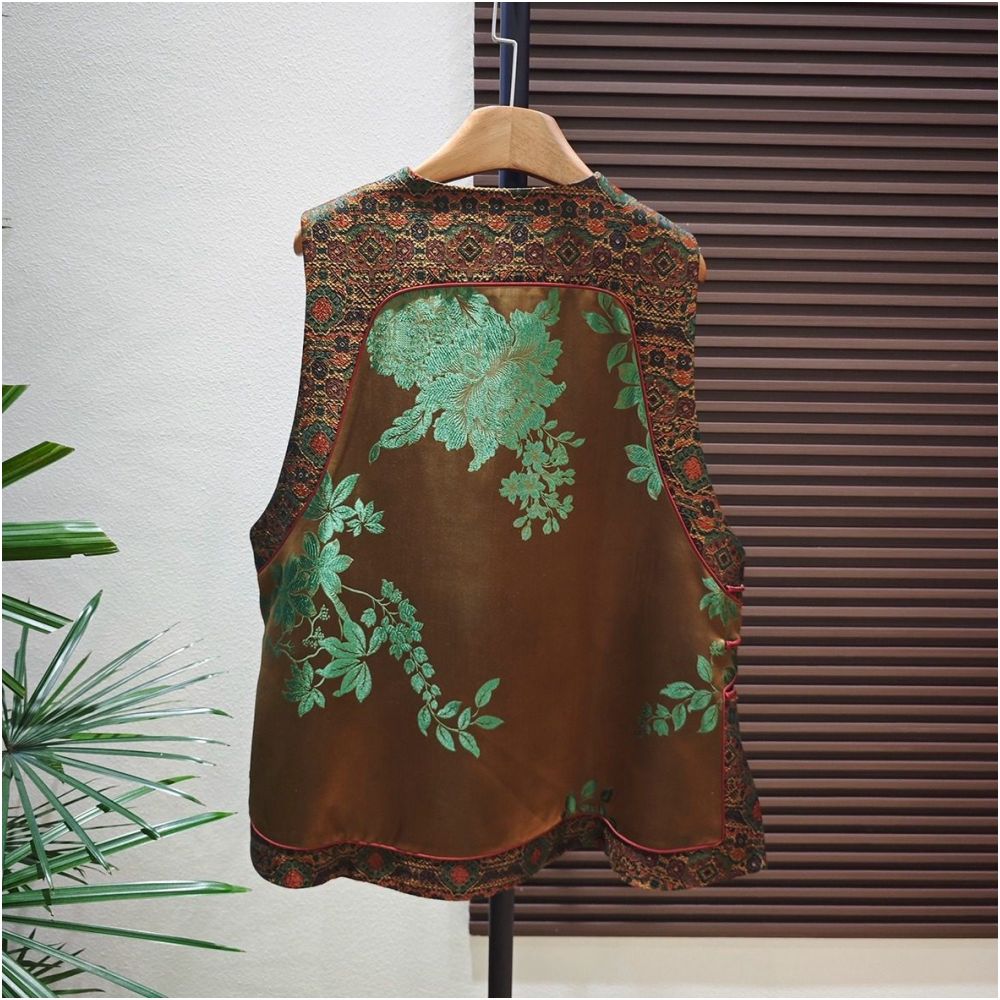 Shanheyue Spirit of the Peacock Mulberry Silk Brocade Old Satin 38 momme New Chinese Style Slanted Placket with Chinese Knots Vest image 5