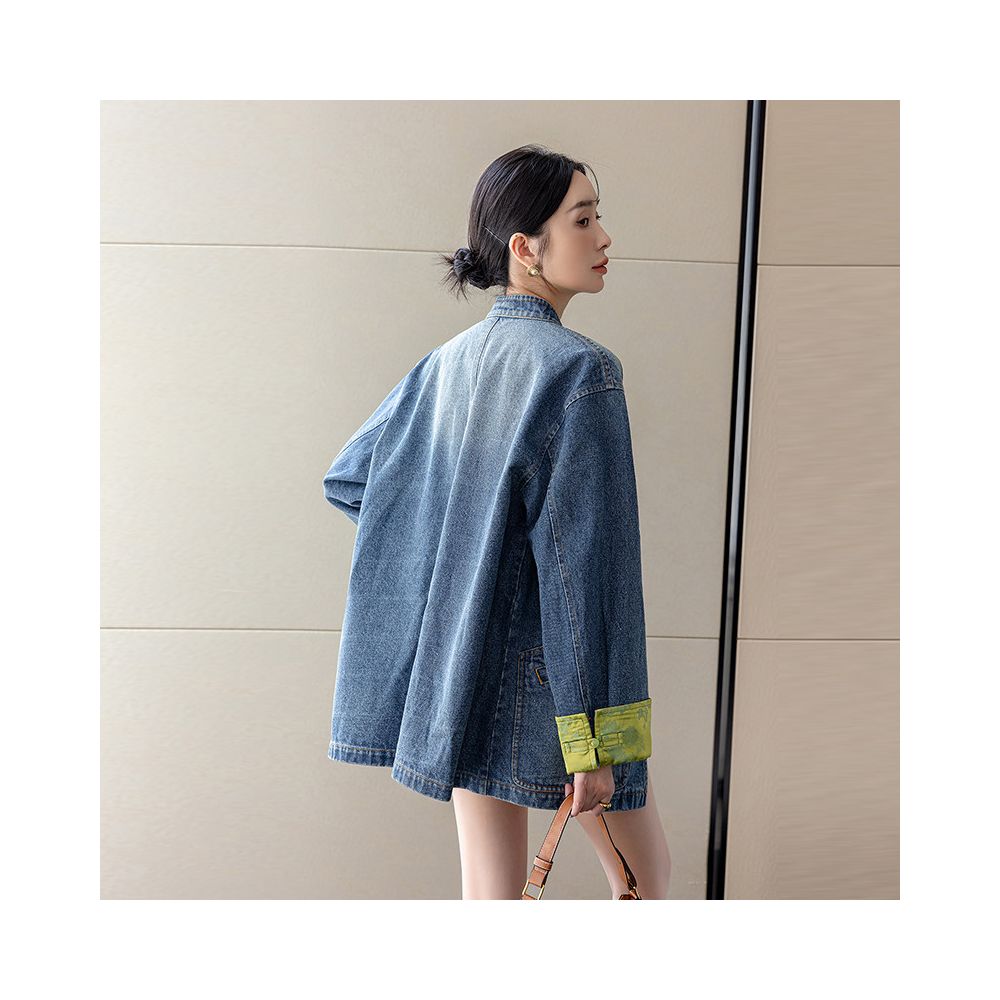 Women s Autumn New Style Retro Denim Jacket with Chinese Style Button and Stand Collar Modern Chinese Style Washed Denim Clothing image 5