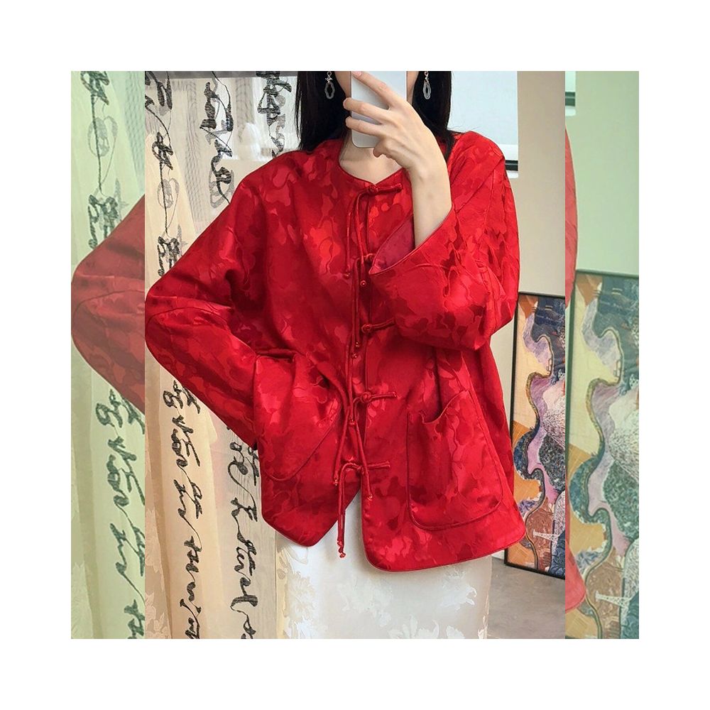 New Chinese style red button down shirt for the Year of the Rooster 2026 Spring suitable for petite women featuring a jacquard satin overlay image 5