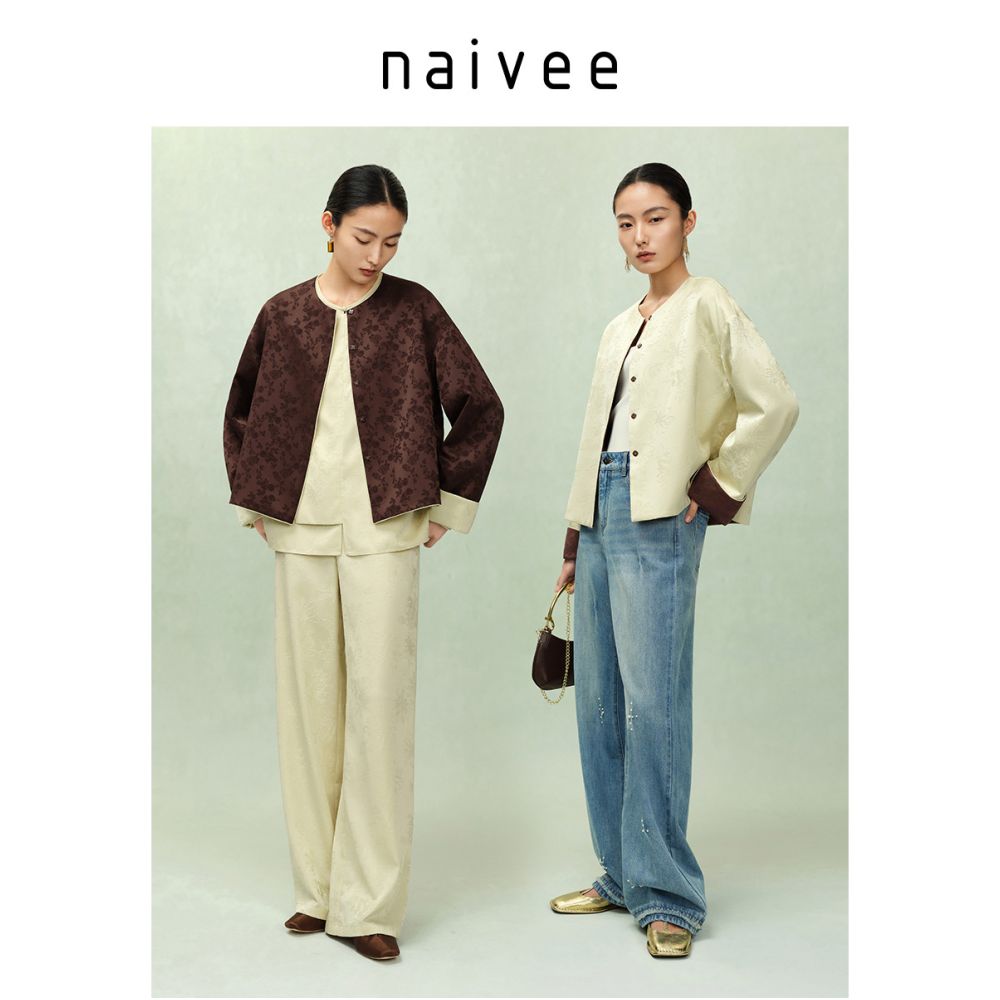Celebrity style Navay 2025 autumn top with no collar satin jacquard jacket for women s autumn new Chinese style light Chinese style clothing image 5