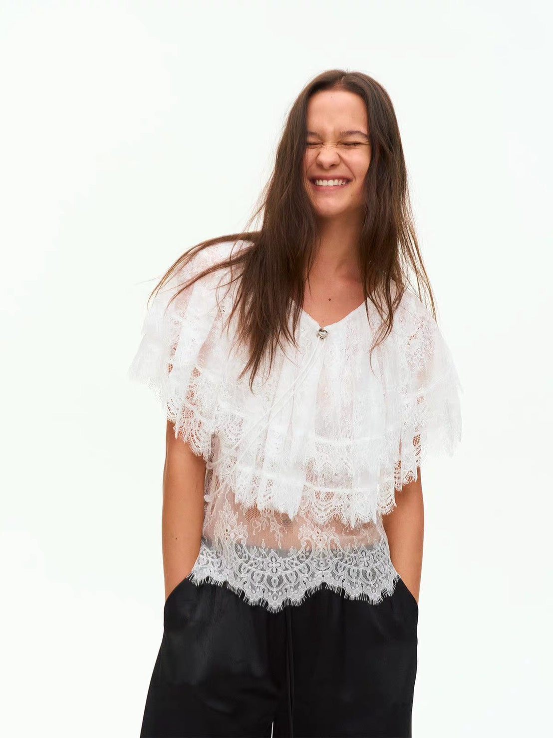 ASAYA7467 – Romantic Lace Ruffle Blouse 🖤🤍