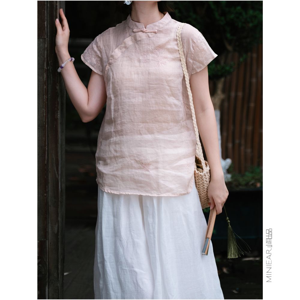 Xiao Er s Plant Inspired Embroidery Chinese Fine Hemp Fabric Short Sleeved Top with Stand Collar and Fold Buttons for Women image 2