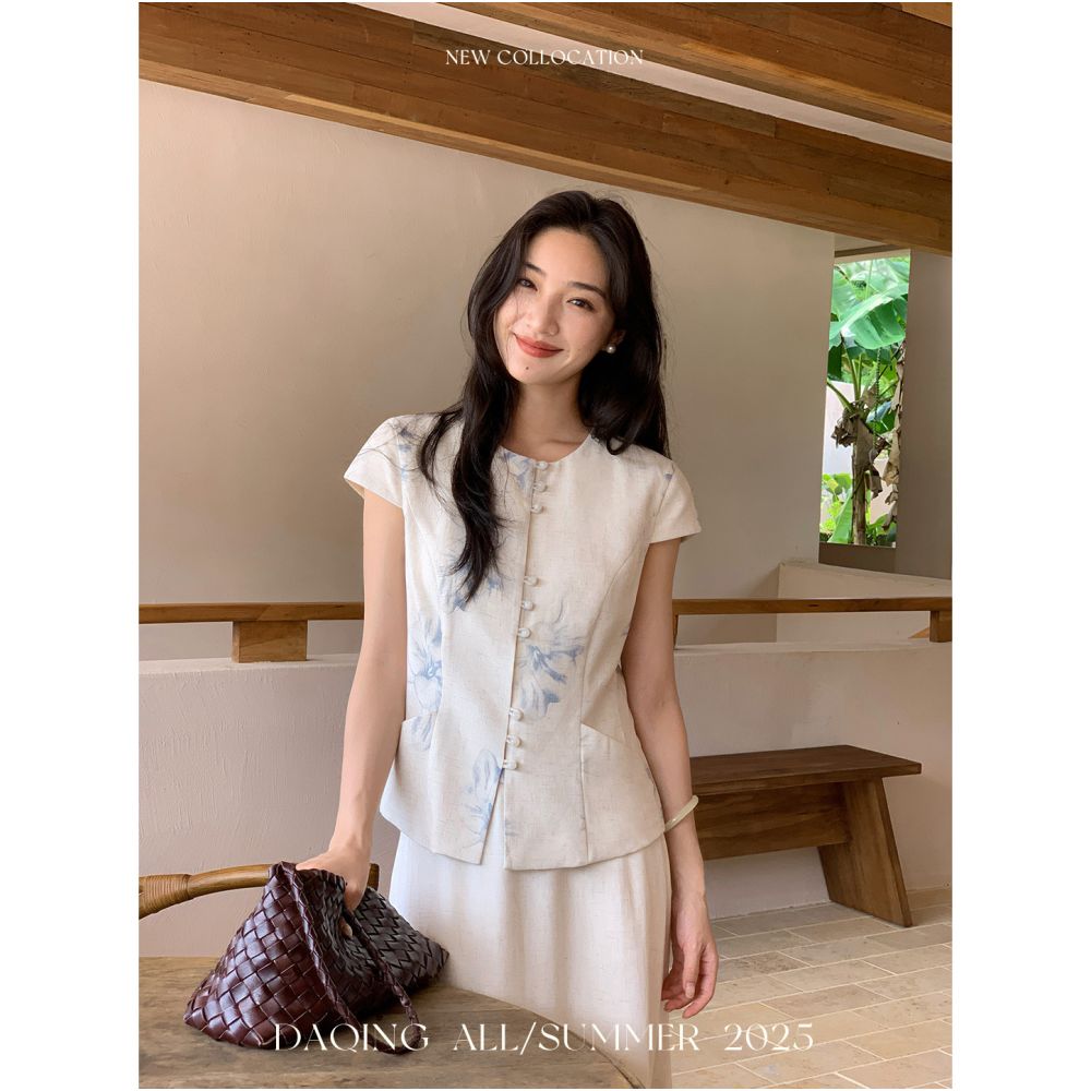 Xu Daqing Zhiyao s new Chinese style elegant linen printed round neck vest with elastic waistband mid length skirt set image 4
