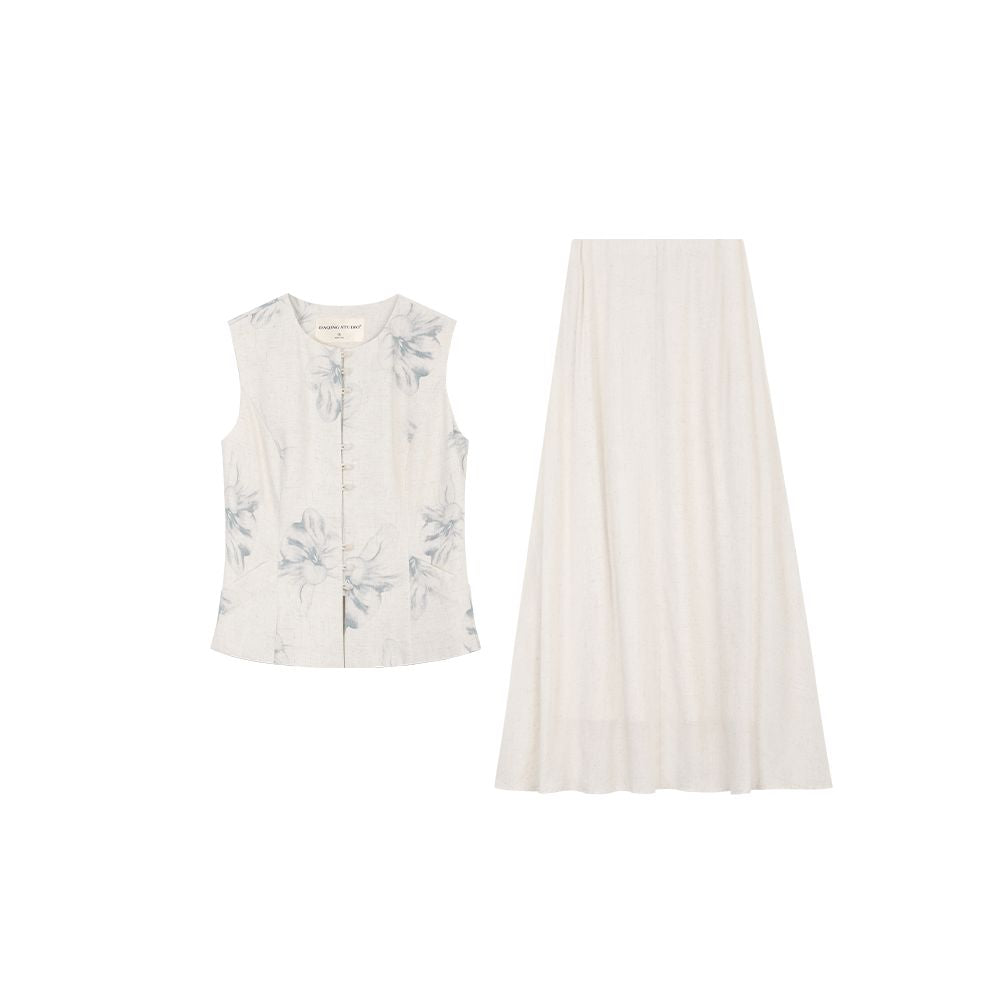 Xu Daqing Zhiyao s new Chinese style elegant linen printed round neck vest with elastic waistband mid length skirt set image 5