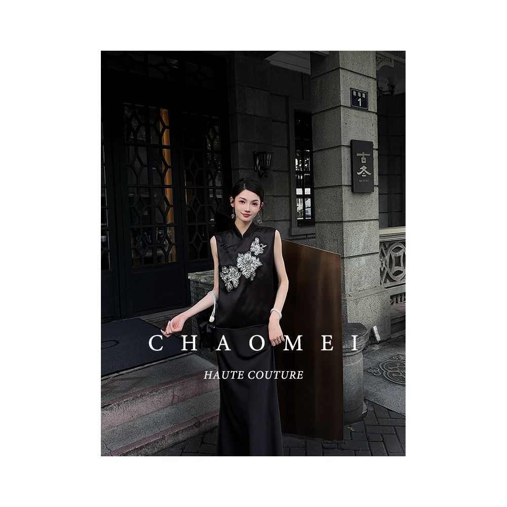 Feng CHAOMEI Ink Flower New Chinese Style 100 Mulberry Silk Embroidered Vest Acetic Acid Half Skirt Set image 1