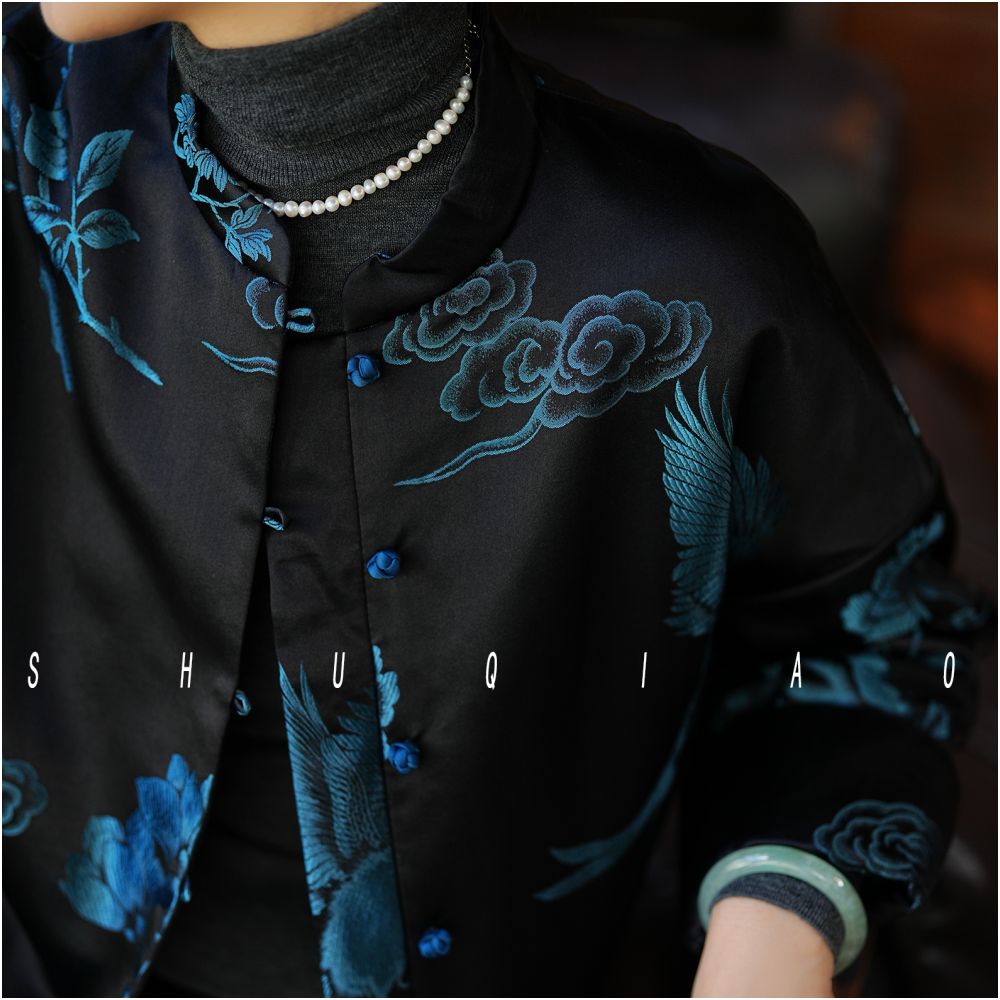 Shu Qiao Zijin silk new old satin black top new Chinese retro short jacket women s Chinese style jacket image 2