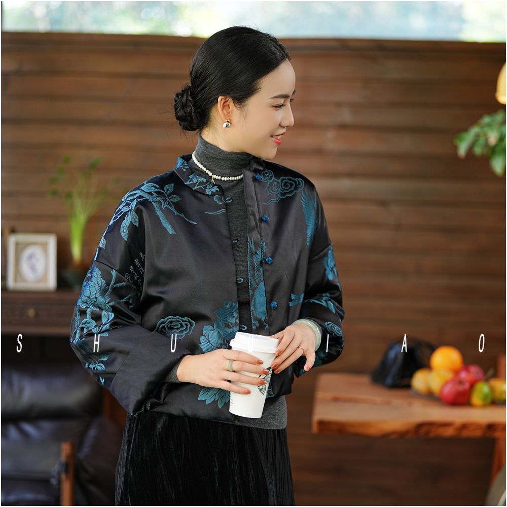 Shu Qiao Zijin silk new old satin black top new Chinese retro short jacket women s Chinese style jacket image 3