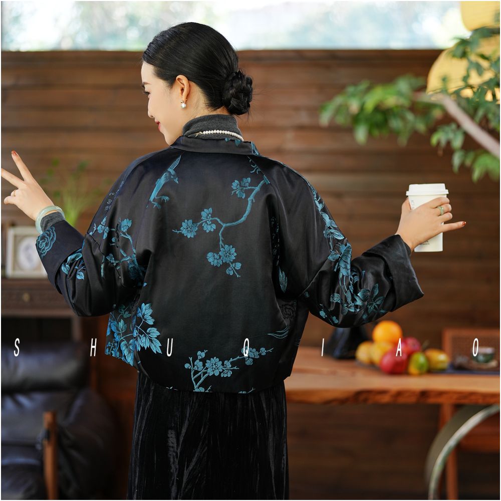Shu Qiao Zijin silk new old satin black top new Chinese retro short jacket women s Chinese style jacket image 4