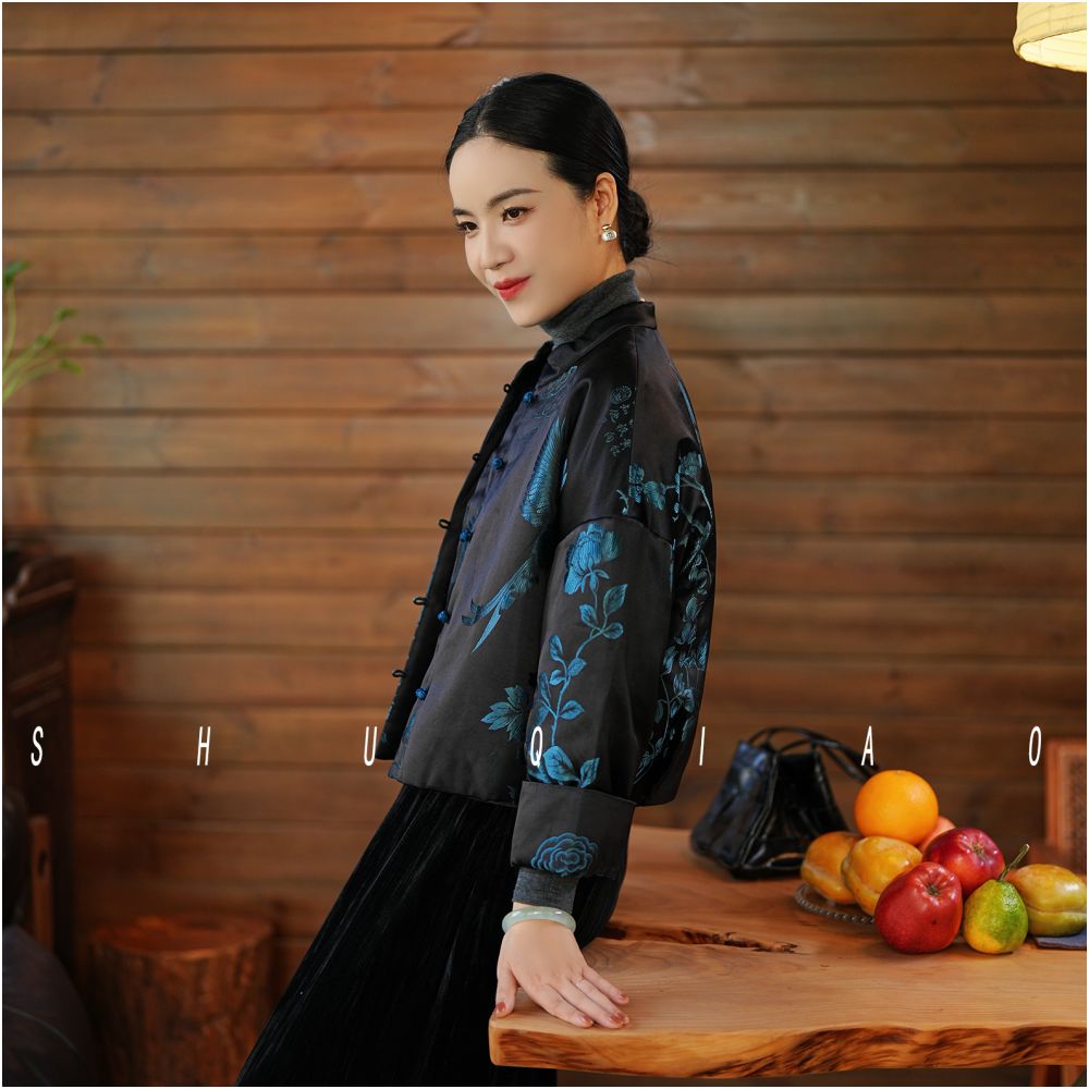 Shu Qiao Zijin silk new old satin black top new Chinese retro short jacket women s Chinese style jacket image 5