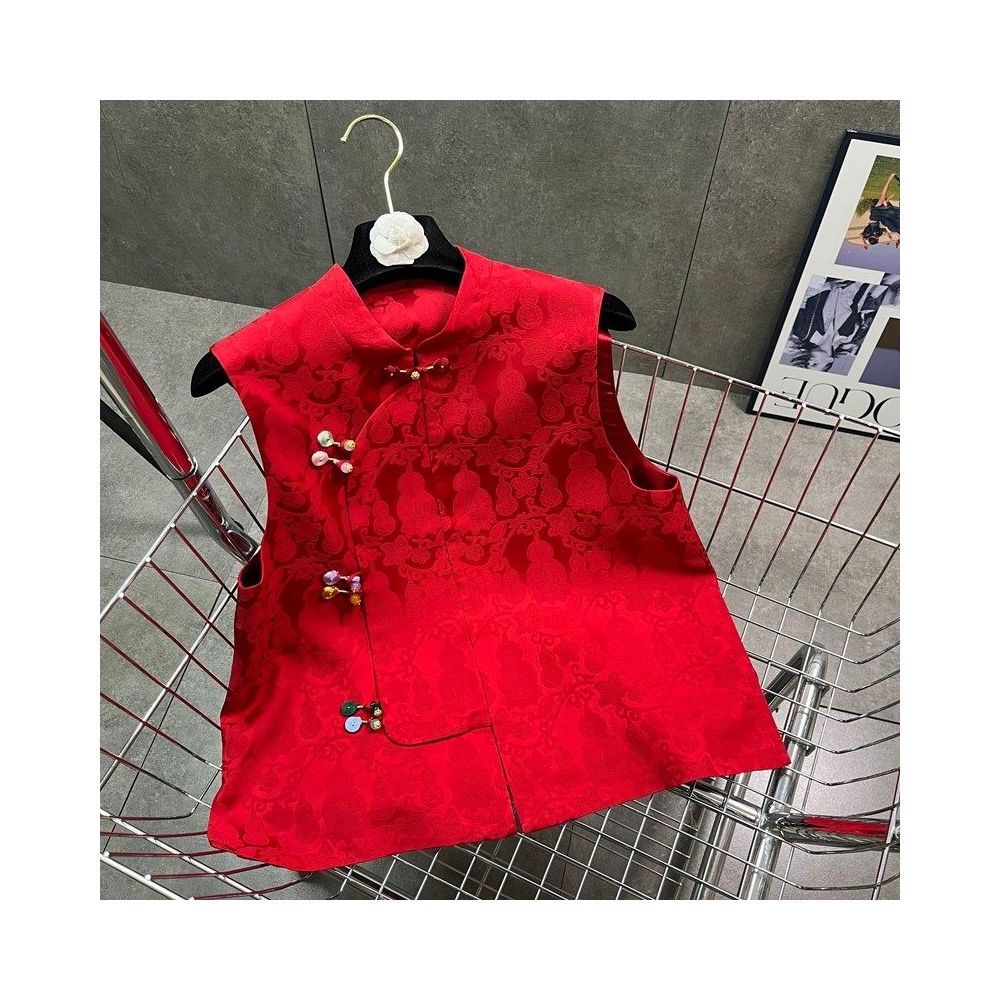 New Chinese style red buckle vest for spring 2026 standing collar jacquard color buckle niche high end sense camisole vest image 0