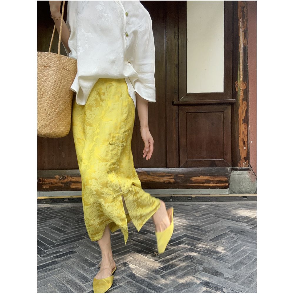 ASAYA5831 – Golden Bloom Jacquard Skirt 🌼✨