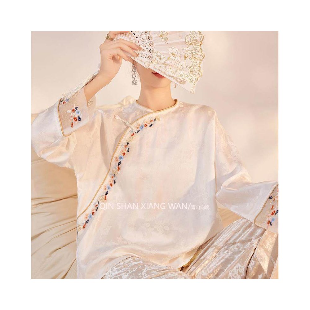 Cloud Embroidery Room New Chinese Style Slant Hemp Embroidered Tencel Jacquard Loose Top Women s Spring Summer Match Horse Face Skirt image 1
