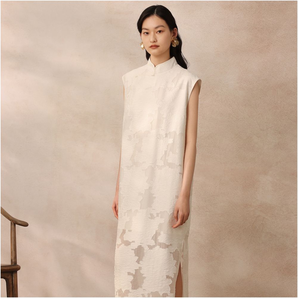 Ruyi Lianyun Junyao Stand up Collar Embroidered Dress with Cutout Floral Print New Chinese Style Jade Bead Sleeveless Long Dress image 3