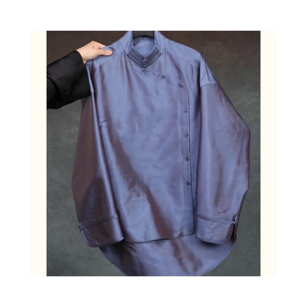 Shopping Mall Withdrawal Autumn Edition New Chinese Style Retro Style Minimalist Light Luxury Unique Beautiful Blue Stand up Collar Shirt image 1