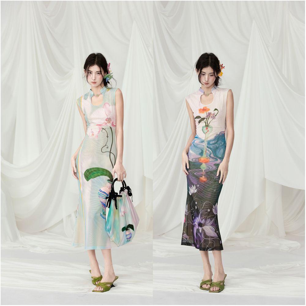 MildRate Original Illustrator Collaboration Printed New Chinese Cheongsam Front and Rear Two piece Dress image 0