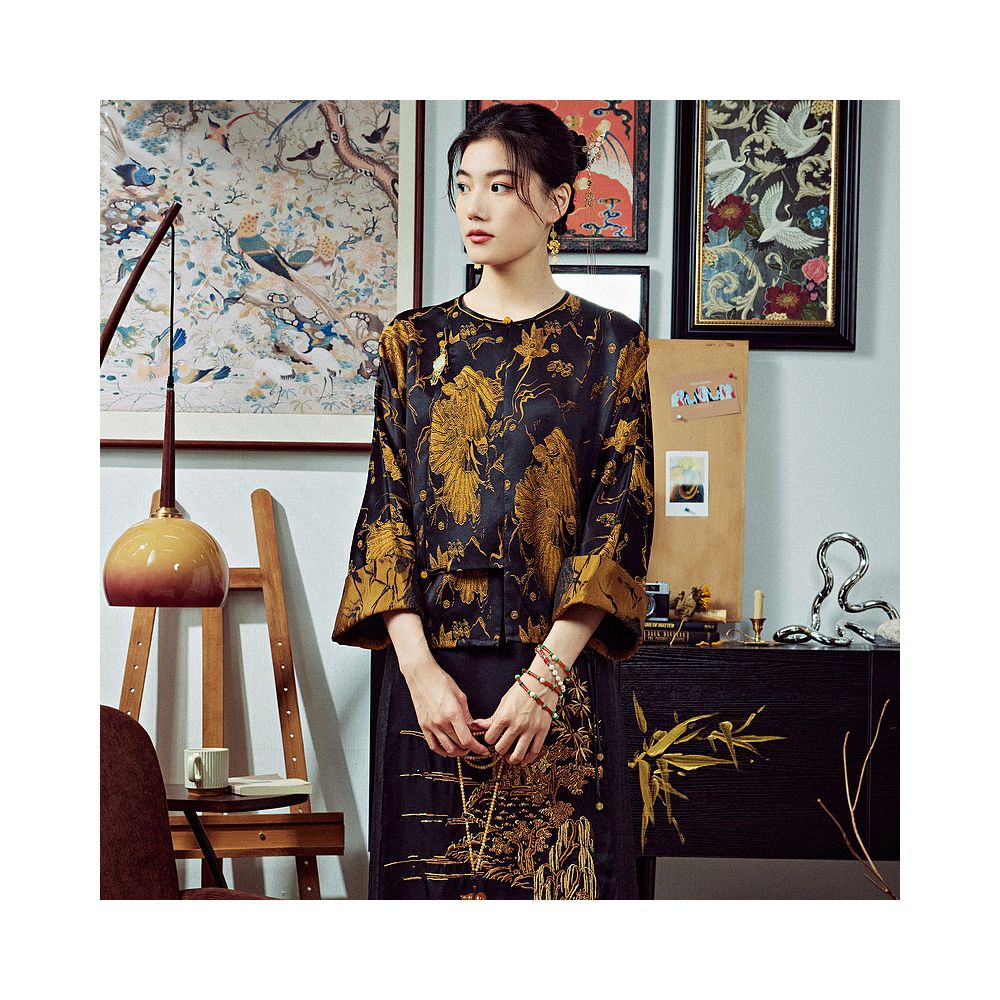 Moyu 2025 Autumn New Chinese Style Improved Satin Pipa Collar Plate Buckle Tea Robe New Chinese Tang Top image 1