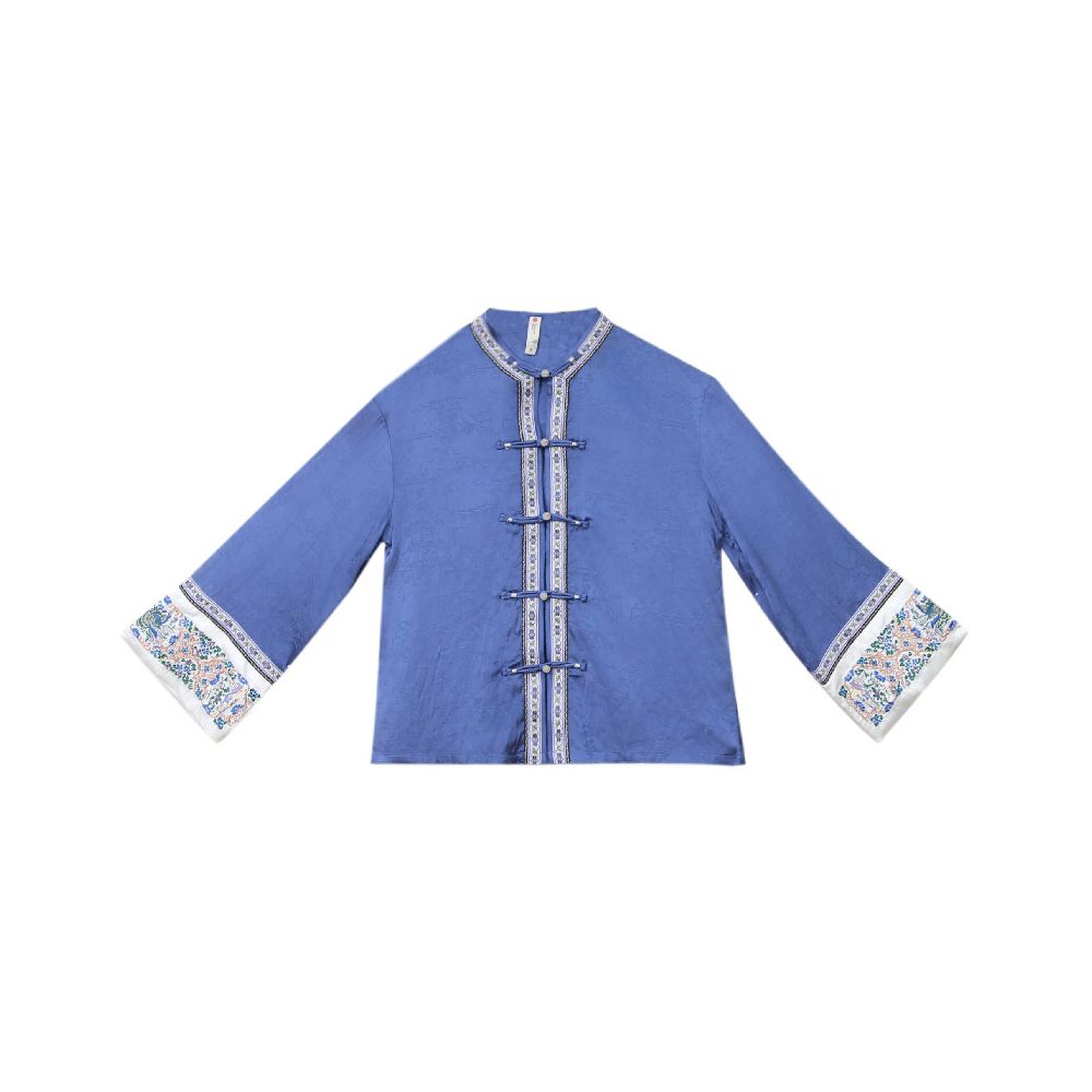 New Chinese style tops shirts retro Chinese style women s clothing silk jacquard plate buckle jacquard plate gold embroidery spring and autumn tea clothing image 5