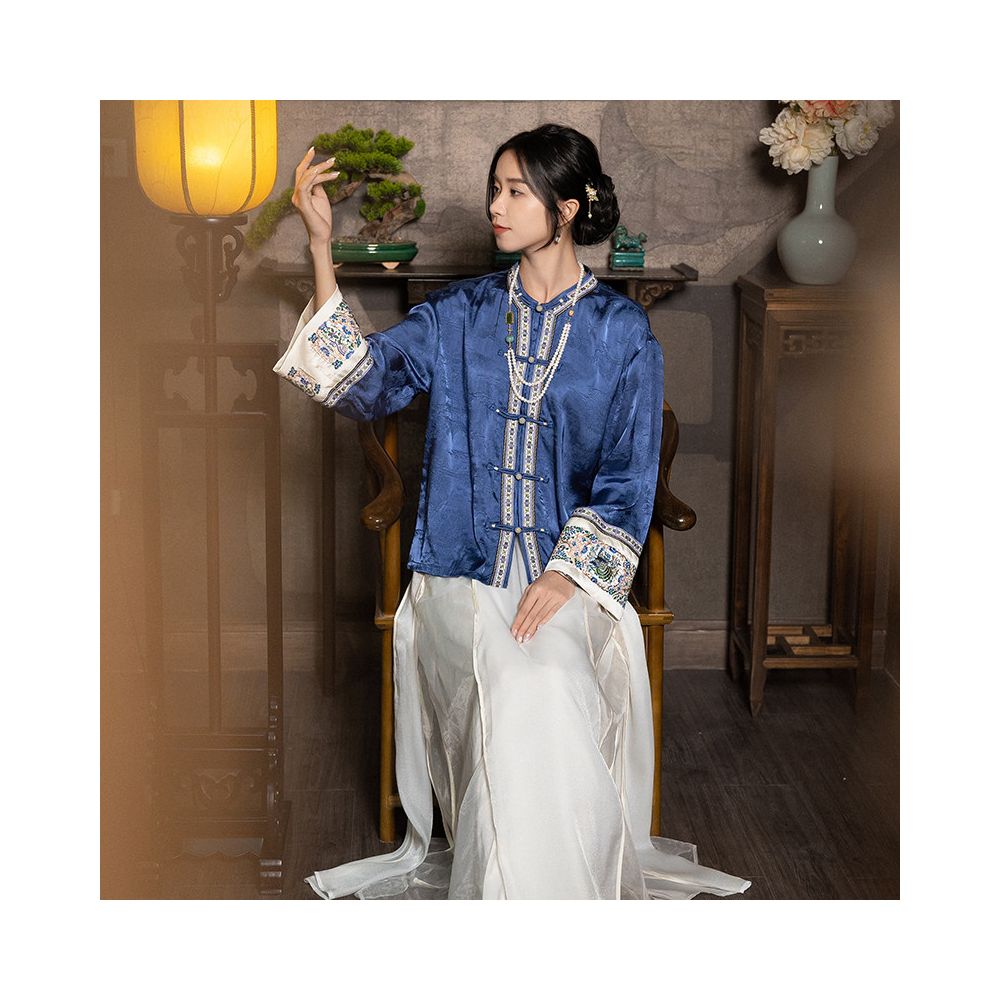 New Chinese style tops shirts retro Chinese style women s clothing silk jacquard plate buckle jacquard plate gold embroidery spring and autumn tea clothing image 0