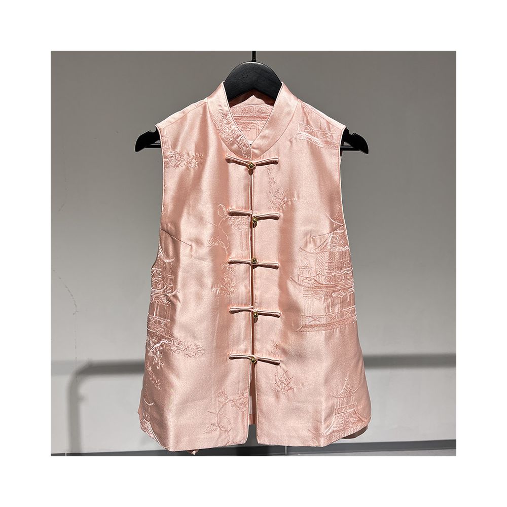 111307F Shiti Store Original C New Chinese Style Black Stand Collar Button Silk Wool Embroidered Vest for Women image 4