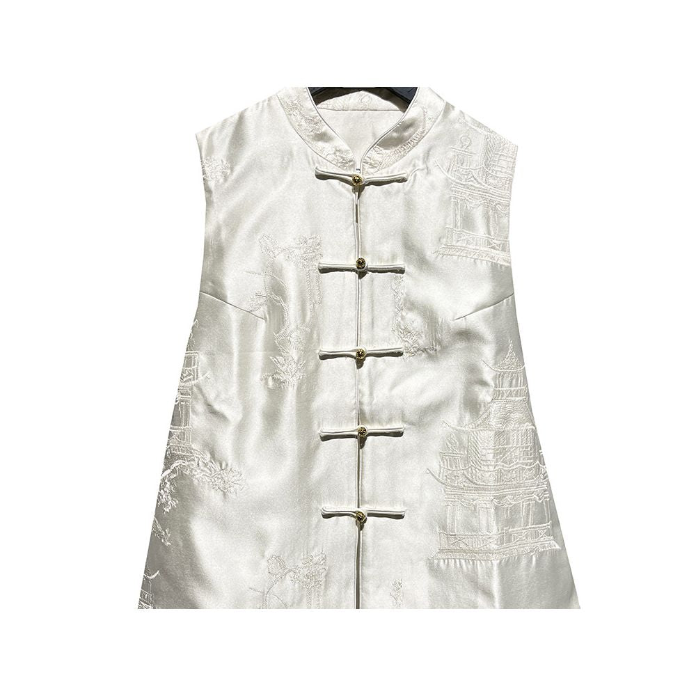 111307F Shiti Store Original C New Chinese Style Black Stand Collar Button Silk Wool Embroidered Vest for Women image 5