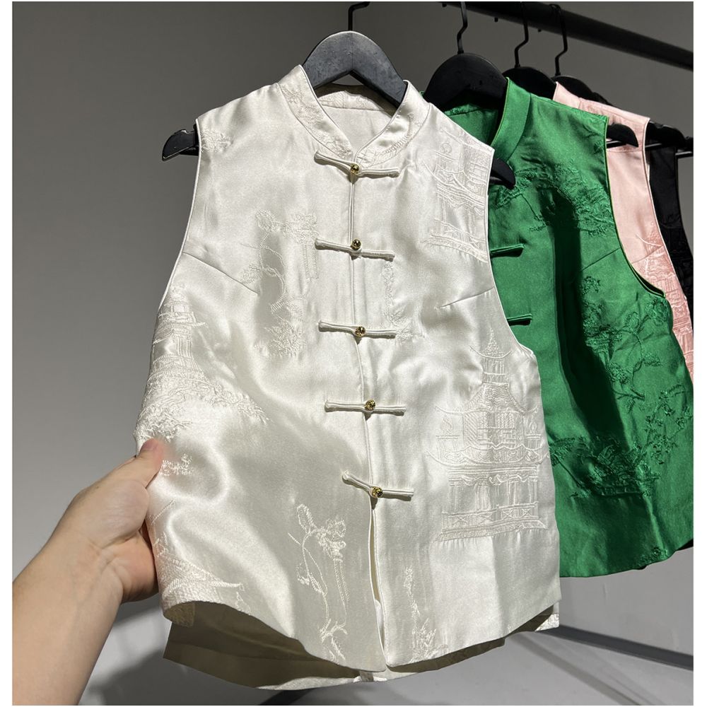 111307F Shiti Store Original C New Chinese Style Black Stand Collar Button Silk Wool Embroidered Vest for Women image 0