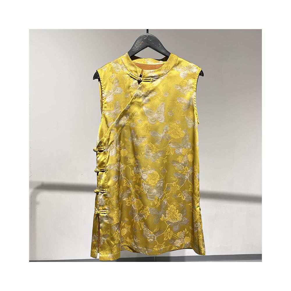 071002F Shiti Store New Chinese Style Yellow Stand Collar Fold Out Button Button Jacquard Satin Loose Sleeveless Shirt Vest image 2