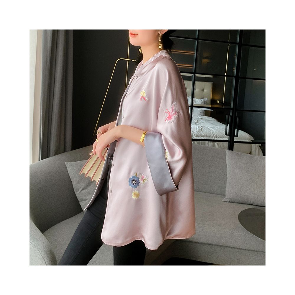 Pink reversible Chinese style Tang suit top autumn retro new Chinese embroidered loose acetate satin casual jacket for women image 1
