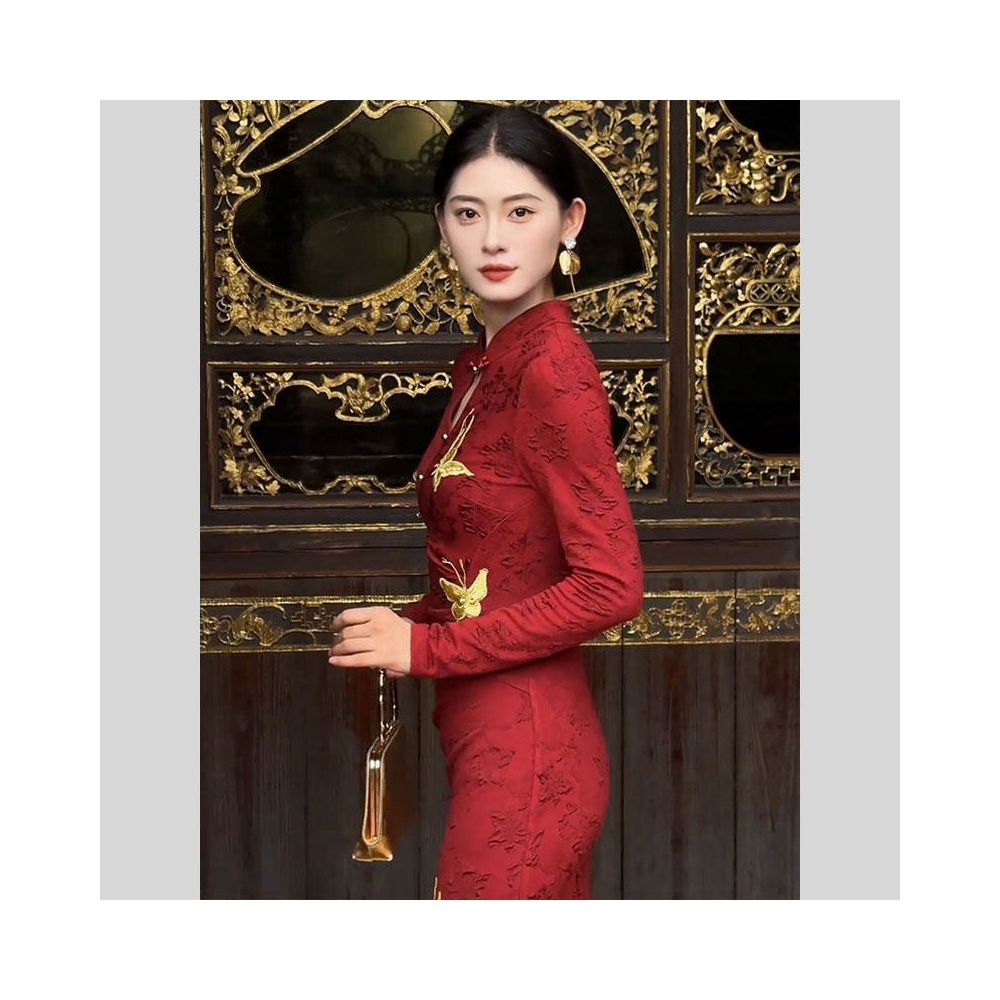 HARSIDE New Chinese Style Teardrop Collar Butterfly Embroidered Jacquard Cheongsam Dress High End Exquisite Beautiful and Light Luxury Dress image 4