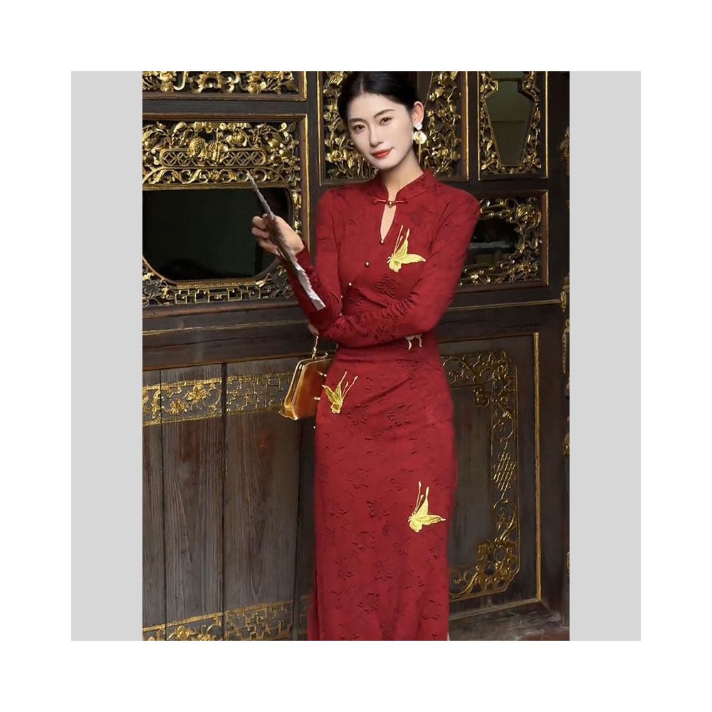 HARSIDE New Chinese Style Teardrop Collar Butterfly Embroidered Jacquard Cheongsam Dress High End Exquisite Beautiful and Light Luxury Dress image 0