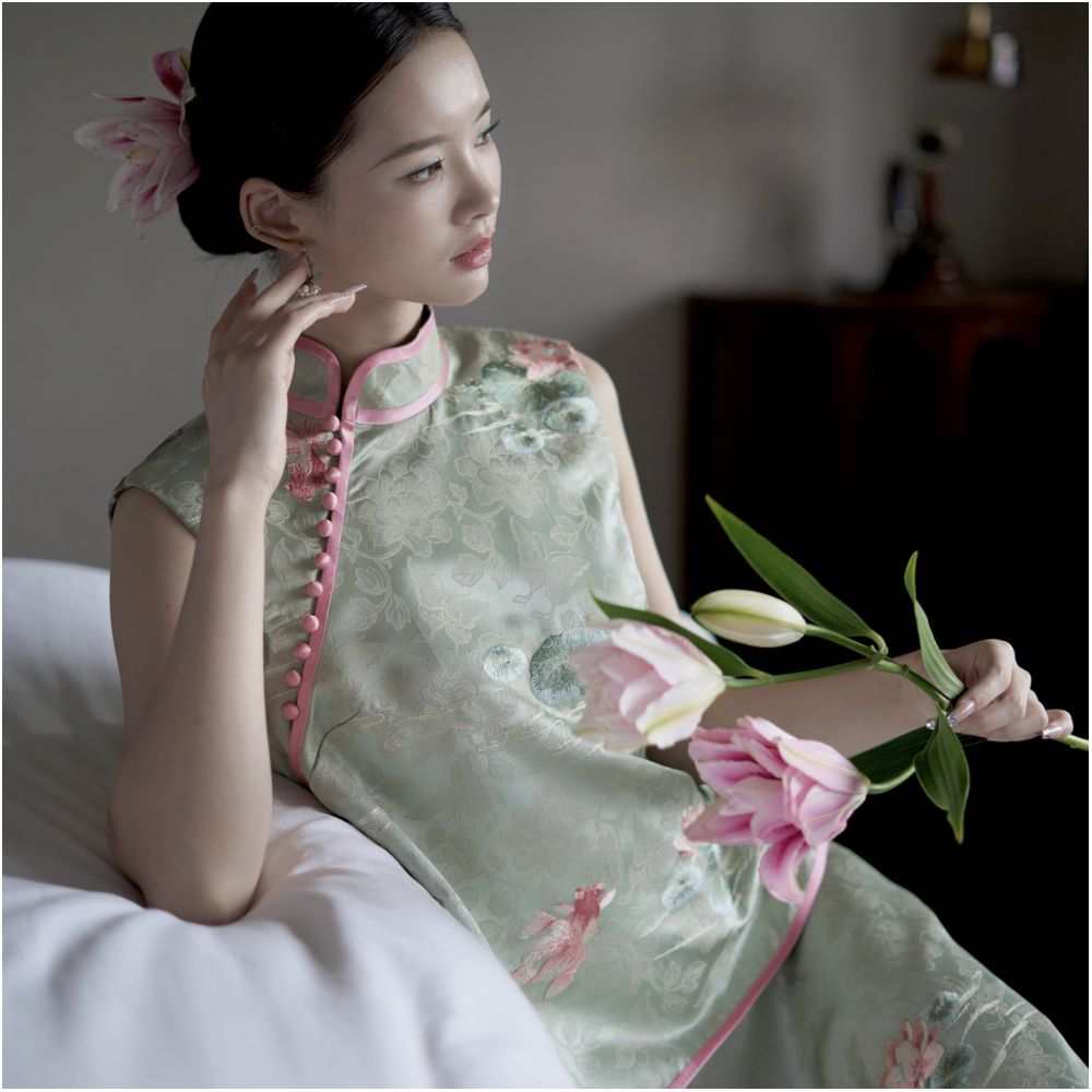 Journey J Original Chinese Style New Chinese Lotus Leaf Embroidered Cheongsam Set Dress Mint Green Vest image 1