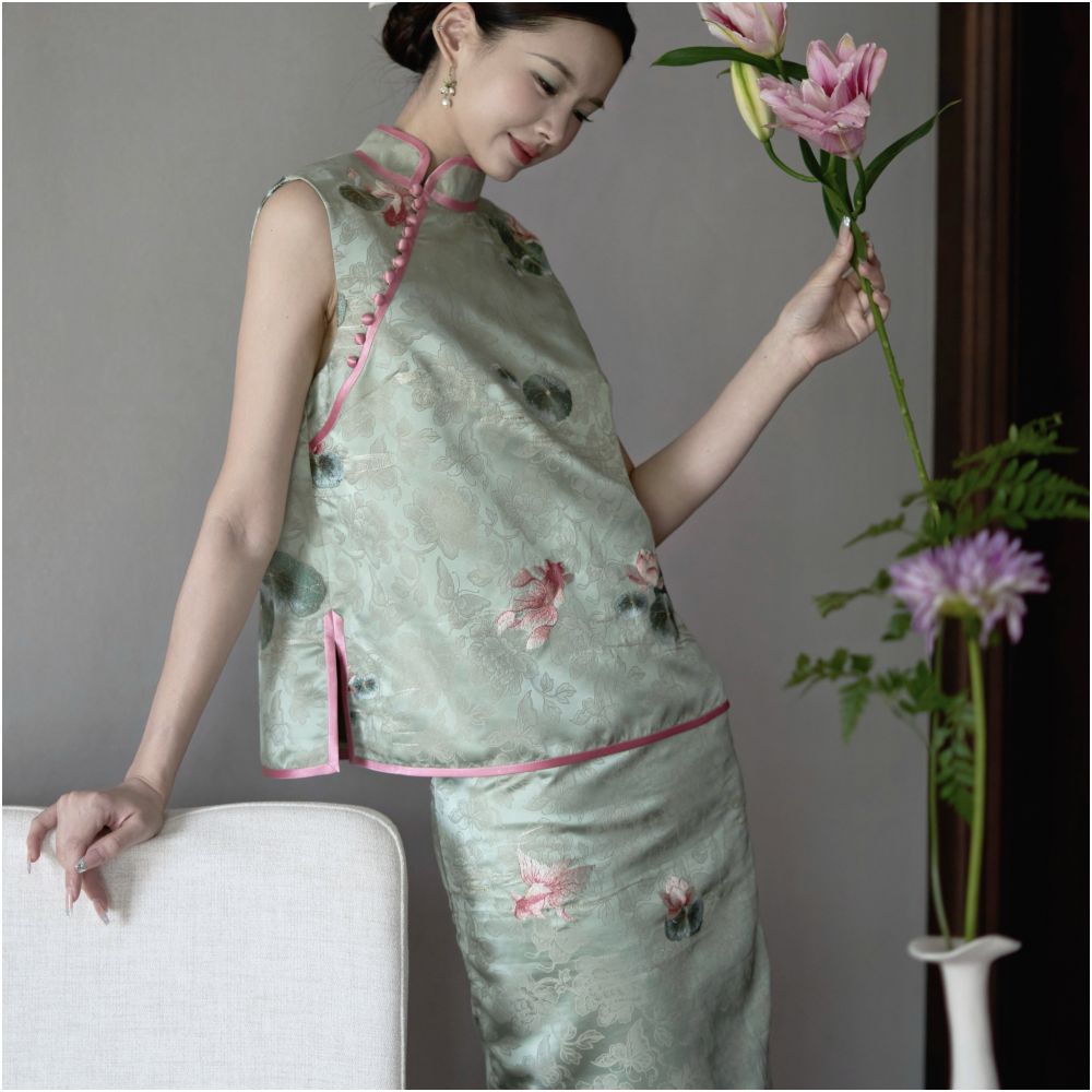 Journey J Original Chinese Style New Chinese Lotus Leaf Embroidered Cheongsam Set Dress Mint Green Vest image 2