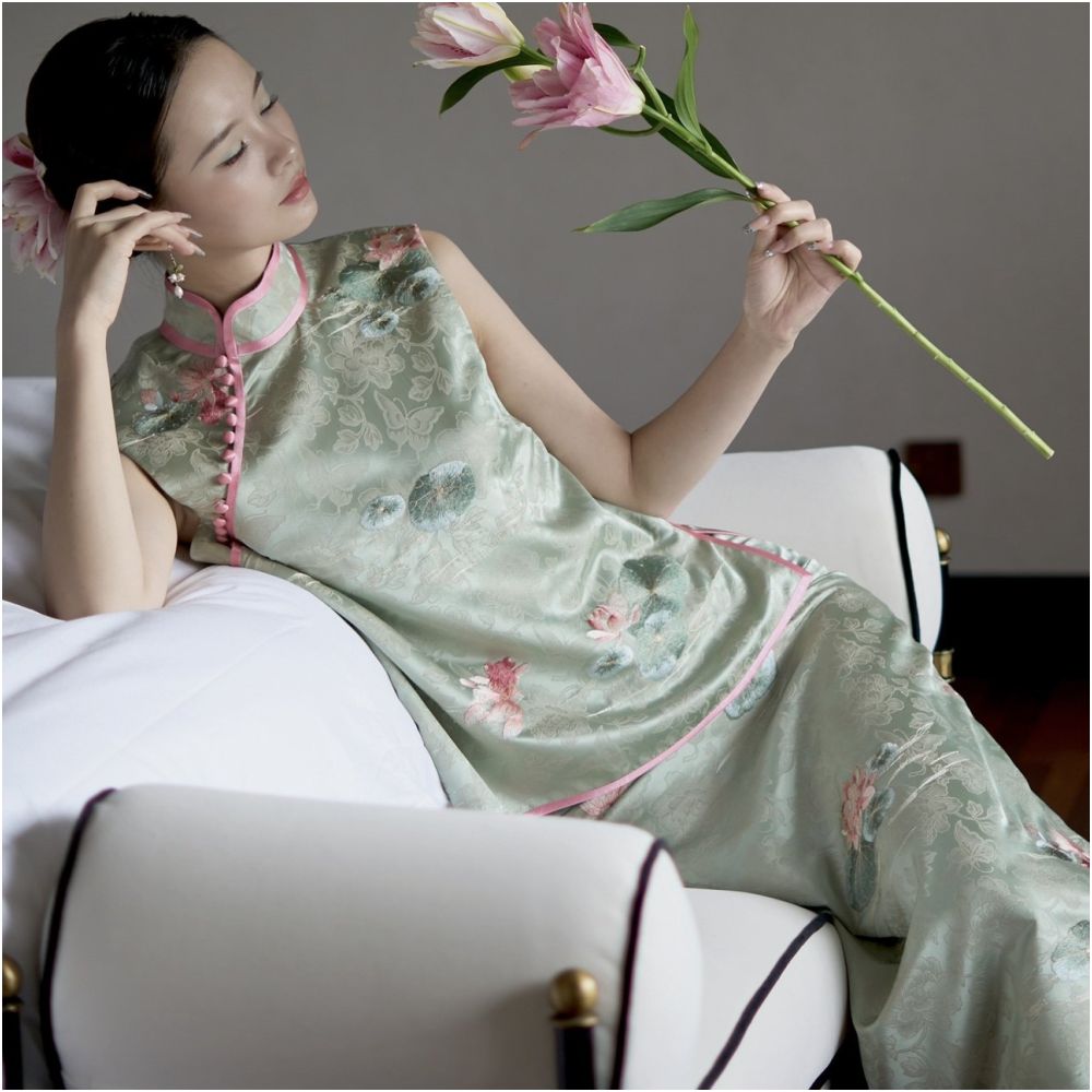 Journey J Original Chinese Style New Chinese Lotus Leaf Embroidered Cheongsam Set Dress Mint Green Vest image 3