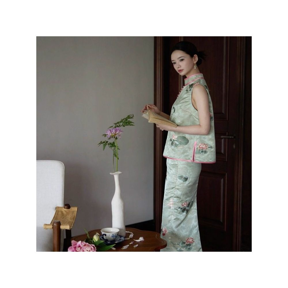 Journey J Original Chinese Style New Chinese Lotus Leaf Embroidered Cheongsam Set Dress Mint Green Vest image 4