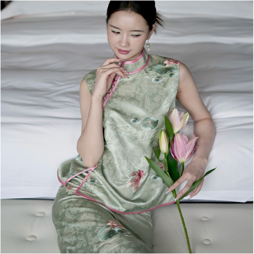 Journey J Original Chinese Style New Chinese Lotus Leaf Embroidered Cheongsam Set Dress Mint Green Vest image 5