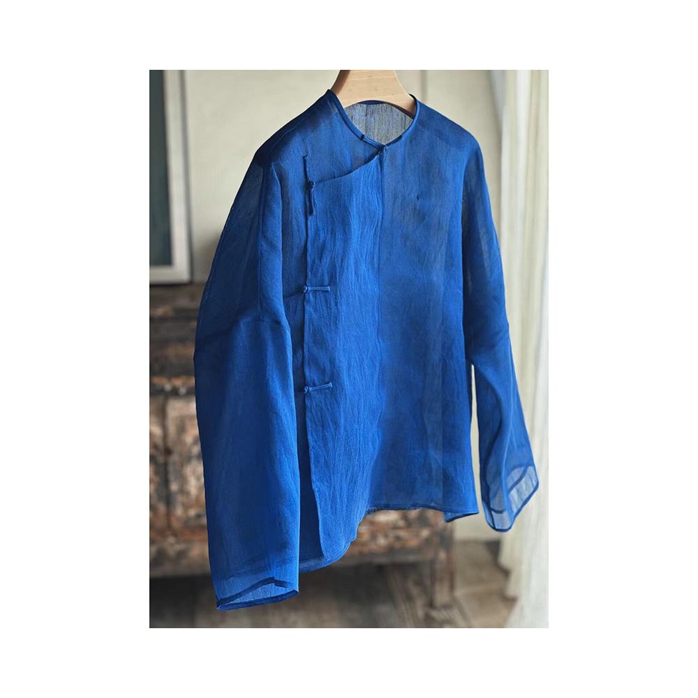 Klein blue shirt New Chinese style blue round neck ramie slant collar slightly transparent shirt for women s early autumn vintage style shirt image 1