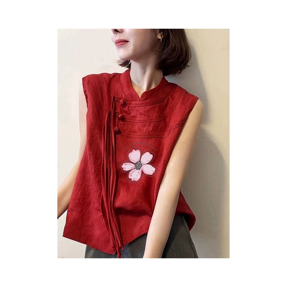 New Chinese style national style super good looking design sense top red round neck buckle sleeveless printed vest for women in summer 2025 image 0
