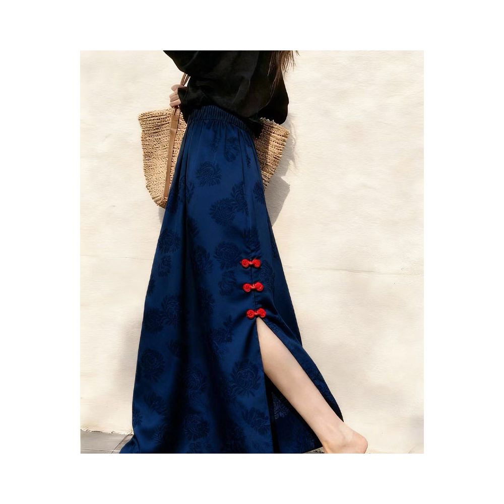 New Chinese style old money style jacquard plate buckle with back slit navy blue half skirt for important occasions beautiful skirt for children in autumn and winter image 4