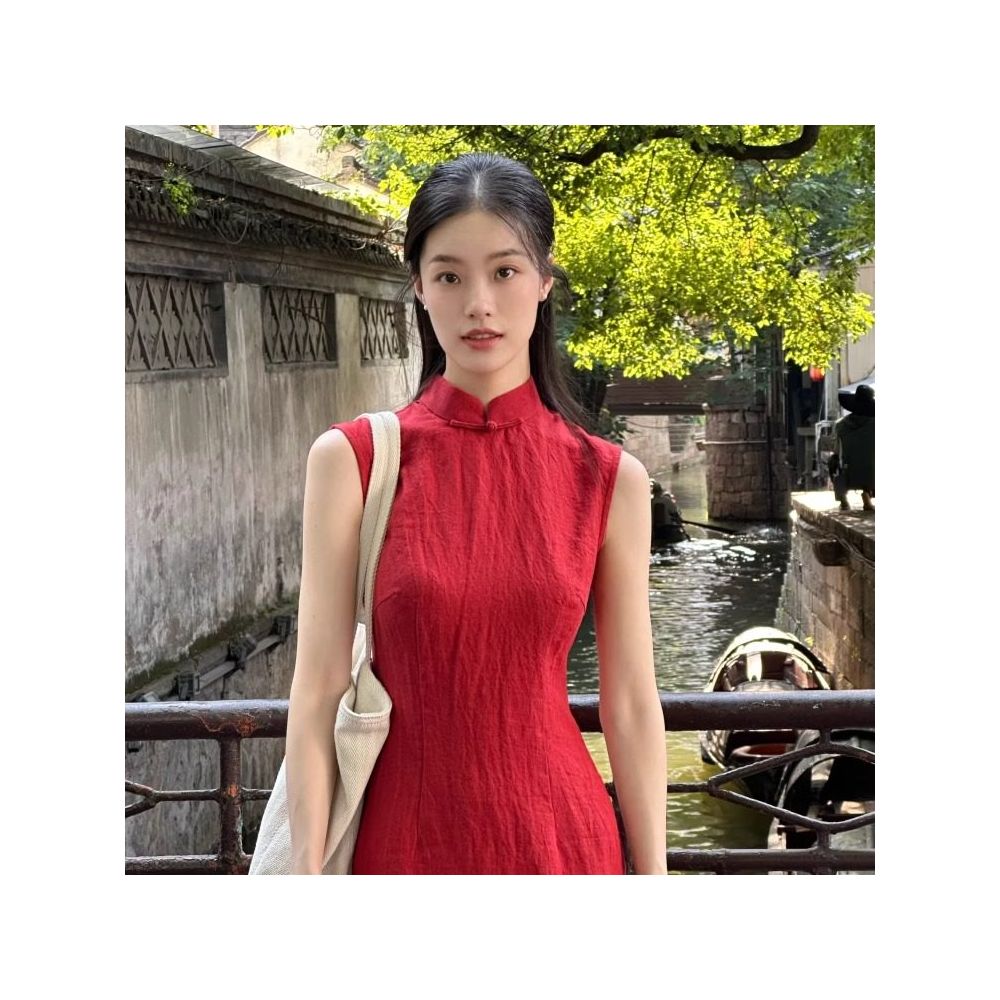Ti Ti Fu Sang vermilion red woven linen improved long sleeveless cheongsam image 1