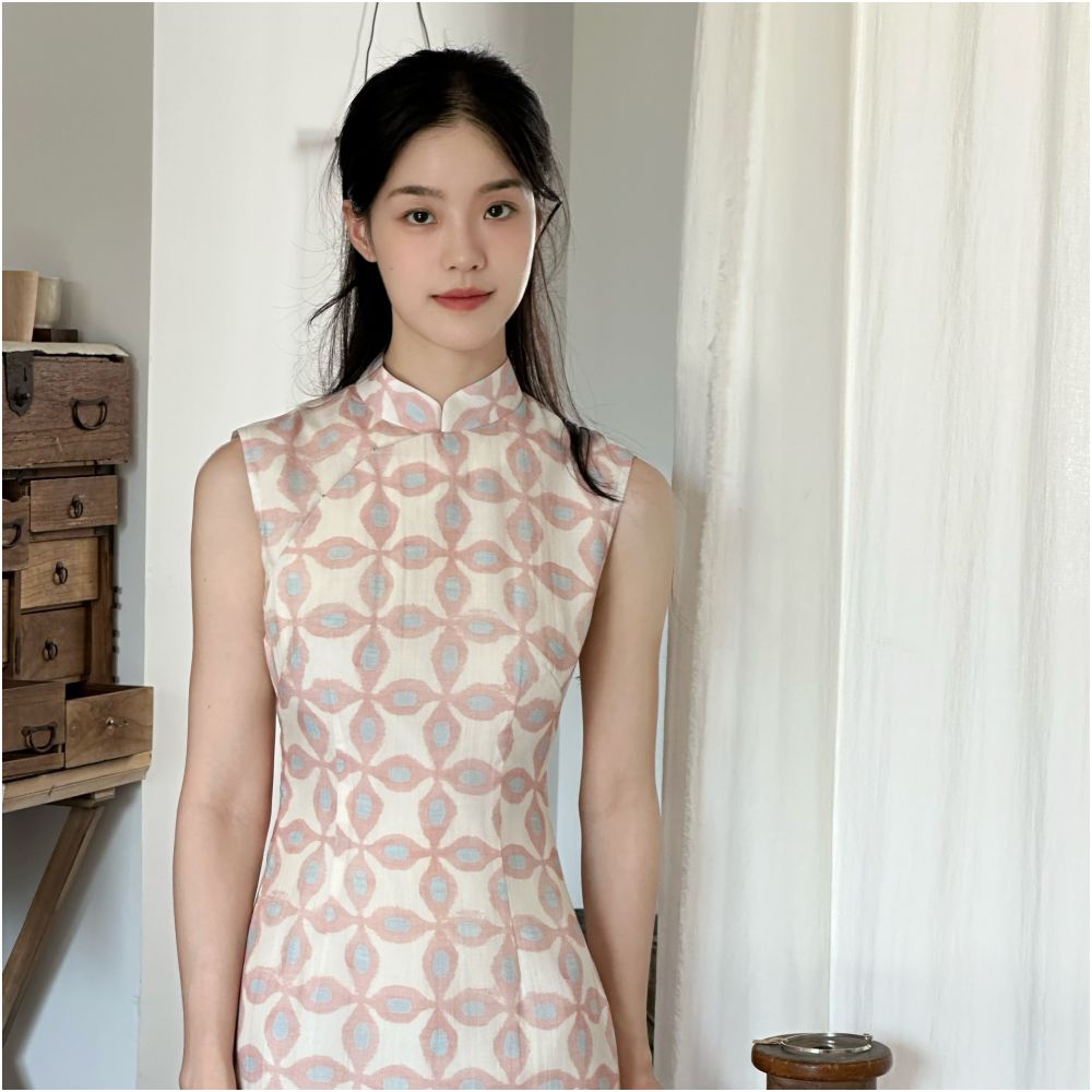 Ti Ti Xiang Pea Pink Port Worker Improved Long Sleeveless Cheongsam image 0