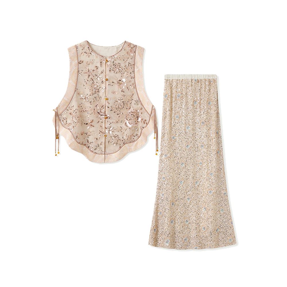 Tang Dou Gao Ding Yun Jin Shu Guo Feng Zhu Embroidery New Chinese style sequins fish tail half skirt vest pants women s summer image 5