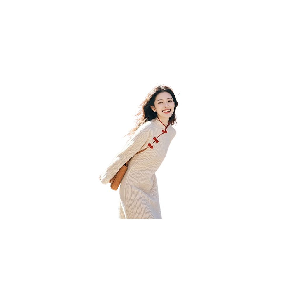 Shopping mall to withdraw cabinet 2025 winter fashion temperament high end feeling new Chinese style white buckle knitted dress for women image 5
