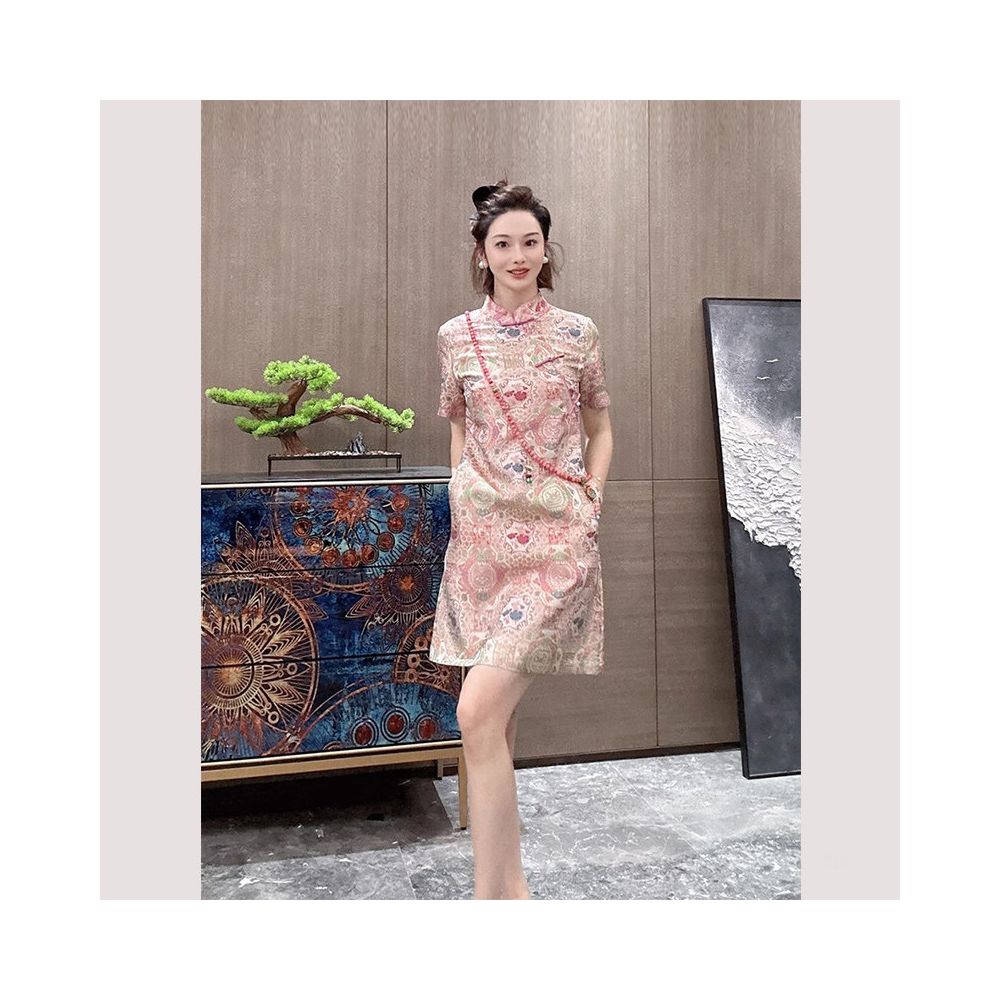 Summer women s clothing 2025 new small skirt new Chinese style improved cheongsam pink Song brocade dress for women image 1