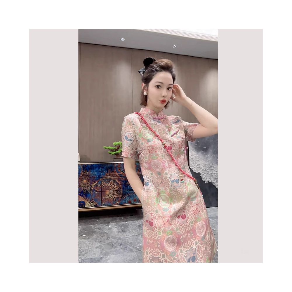 Summer women s clothing 2025 new small skirt new Chinese style improved cheongsam pink Song brocade dress for women image 2