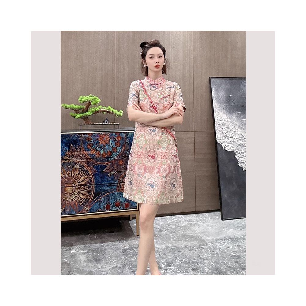 Summer women s clothing 2025 new small skirt new Chinese style improved cheongsam pink Song brocade dress for women image 3