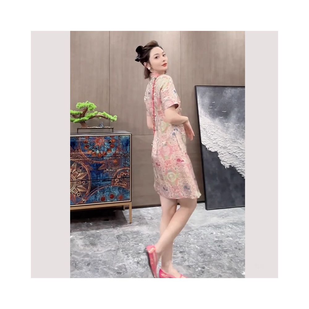 Summer women s clothing 2025 new small skirt new Chinese style improved cheongsam pink Song brocade dress for women image 4