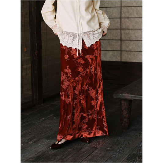 ASAYA5937 – Crimson Silk Embroidered Skirt 🍷🌺