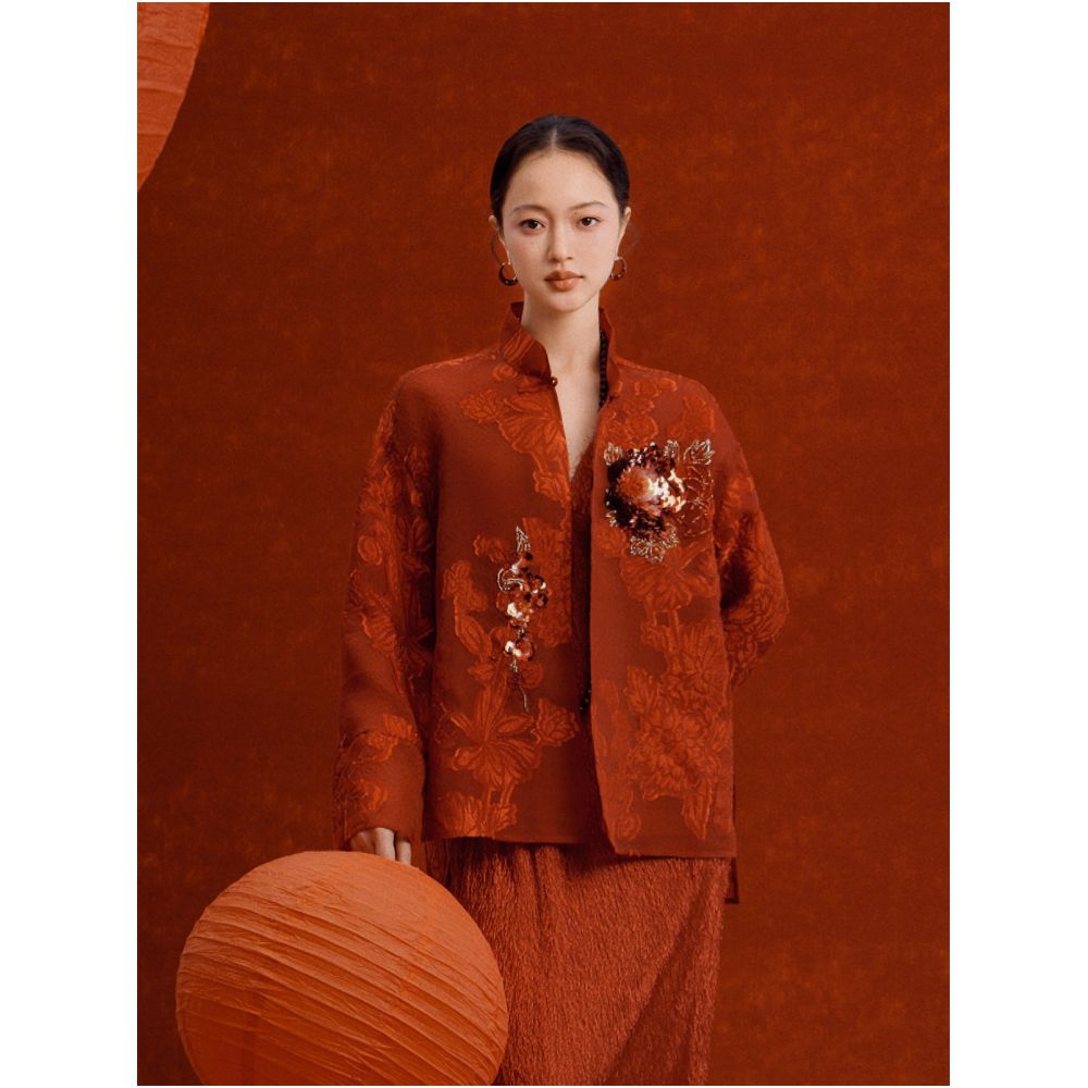 On the 12th day of the Chinese New Year red tassels cut flowers peonies plum blossoms nail beads outerwear 18mm silk loose fitting Chinese style top image 0